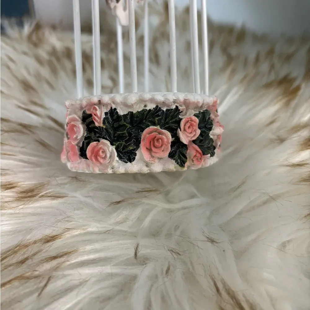 Shabby Chick White Pink Floral Cage That Hangs with 2 Lovebirds
